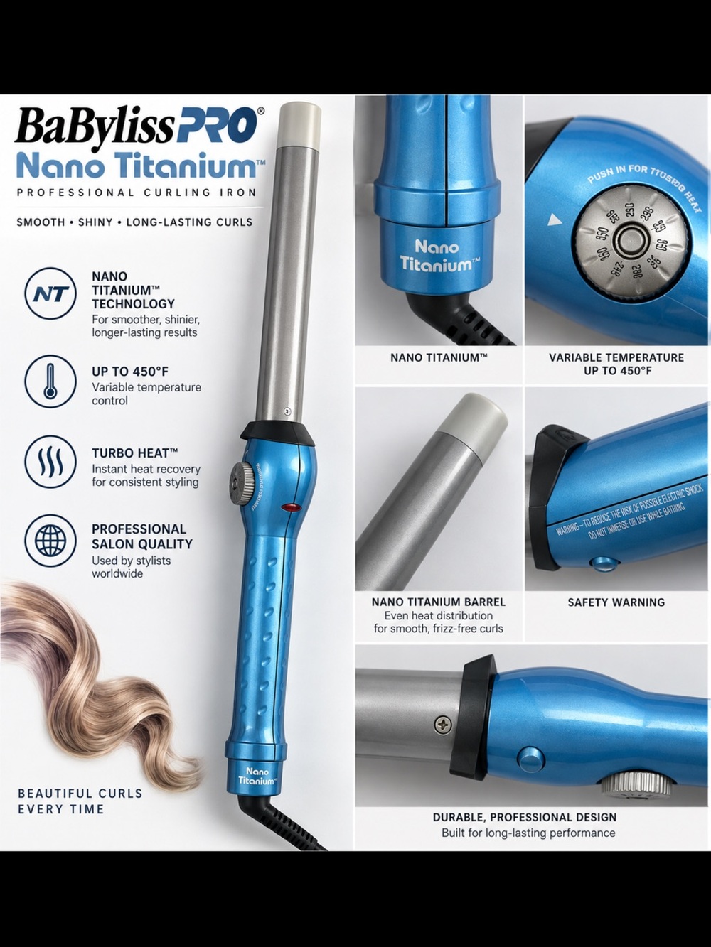 BaByliss Nano Titanium Curling Iron in Blue and Silver